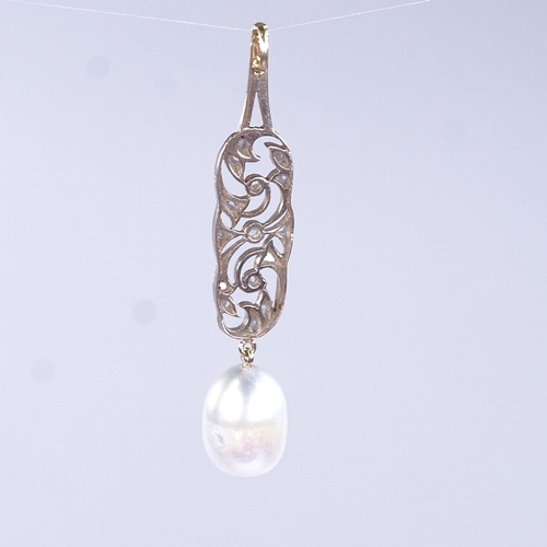 849 - A modern unmarked gold pearl and rose-cut diamond pendant, pendant height 61.7mm, 5.8g