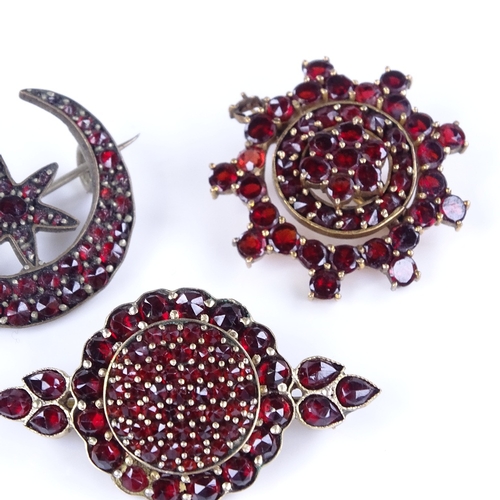 851 - 3 faceted and flat-cut garnet brooches, gilt-metal settings, largest length 38.6mm, 13.1g total (3)