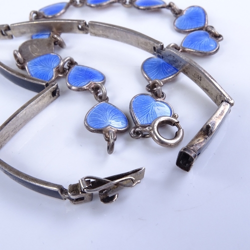 858 - VOLMER BAHNER - a Vintage Danish sterling silver and blue enamel heart link bracelet, length 19cm, a... 