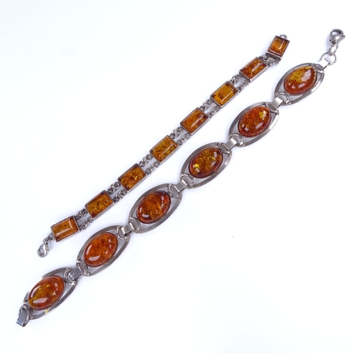 950 - 2 Scandinavian silver and amber panel bracelets, lengths 17cm and 22cm, 35.7g total (2)