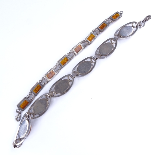 950 - 2 Scandinavian silver and amber panel bracelets, lengths 17cm and 22cm, 35.7g total (2)