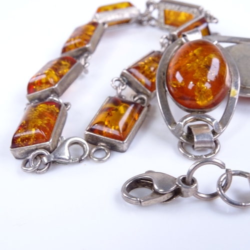 950 - 2 Scandinavian silver and amber panel bracelets, lengths 17cm and 22cm, 35.7g total (2)