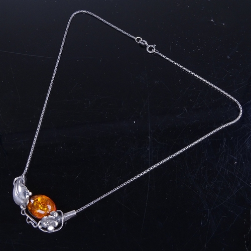 956 - Various Danish silver and amber jewellery, comprising necklace and 3 brooches, makers include Niels ... 