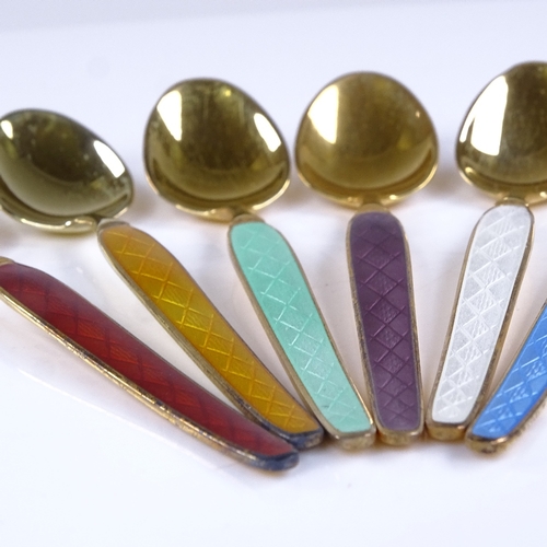 962 - ABSA - a set of 6 Danish vermeil sterling silver and harlequin coloured enamel coffee spoons, spoon ... 