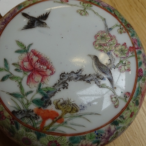 252 - A pair of Chinese porcelain circular pots, with painted birds and flowers, seal marks, diameter 10cm