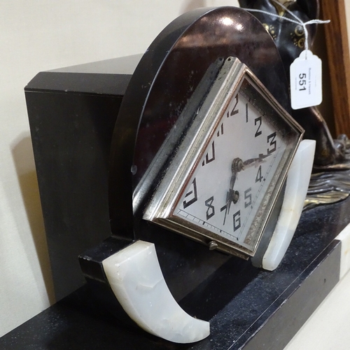 551 - An Art Deco slate and white onyx 30-hour mantel clock, silver diamond-shaped dial with Arabic numera... 