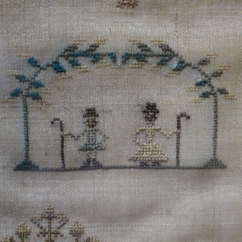 186 - Early 19th century needlework sampler on silk ground, by Sarah Walker, dated 1823, framed, overall f... 