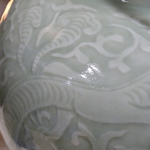 246 - A Chinese celadon glaze porcelain vase, relief moulded dragon design, with seal mark, height 27cm, r... 