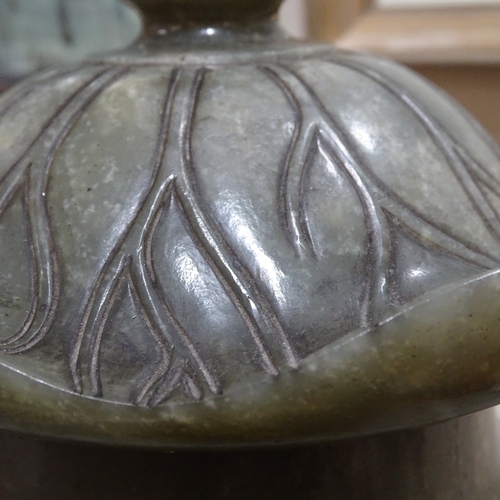 436 - A Chinese polished hardstone jar and cover, with carved cabbage leaf design lid, height 35cm