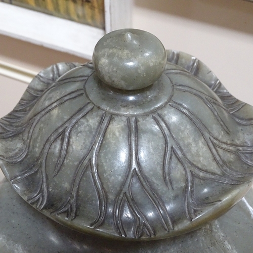 436 - A Chinese polished hardstone jar and cover, with carved cabbage leaf design lid, height 35cm