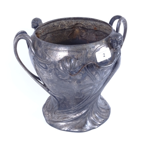 2 - An Art Nouveau WMF silver plated pewter 2-handled vase, relief floral and figural decoration, height... 