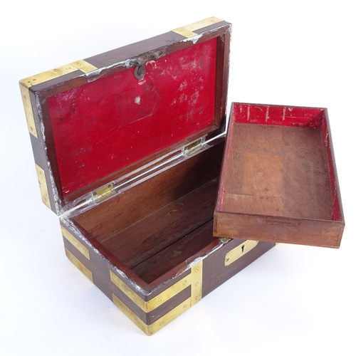 4 - A 19th century brass-bound mahogany campaign style box, military style sunken handle with GR cypher ... 