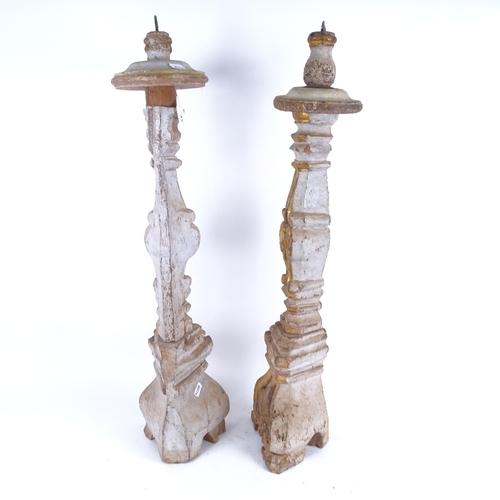 43 - An Antique pair of carved painted and gilded wood pricket candle stands, height 69cm