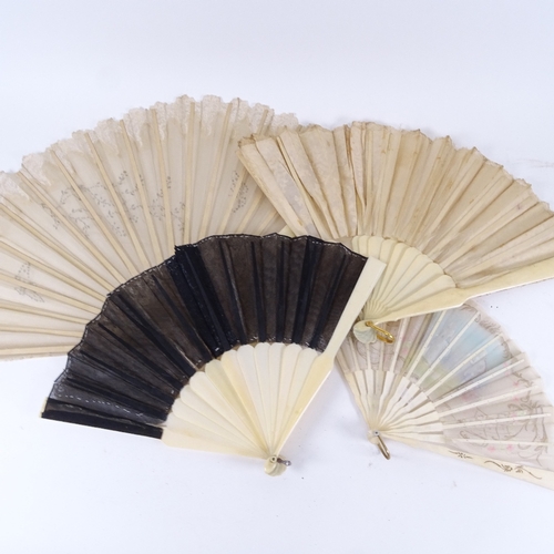 61 - 4 Antique ivory-handled brise fans, including embroidered silk examples (4)