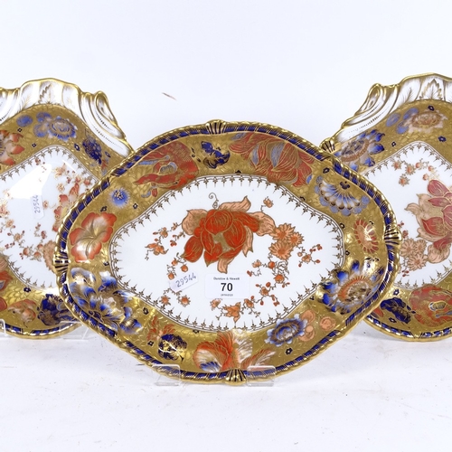 70 - 3 Royal Crown Derby plates, allover hand painted and gilded decoration, largest length 29cm (3)