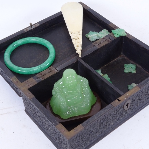 72 - Various Oriental items, including intricately carved hardwood box, jade slave bangle, jadeite panels... 