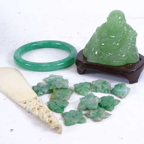 72 - Various Oriental items, including intricately carved hardwood box, jade slave bangle, jadeite panels... 