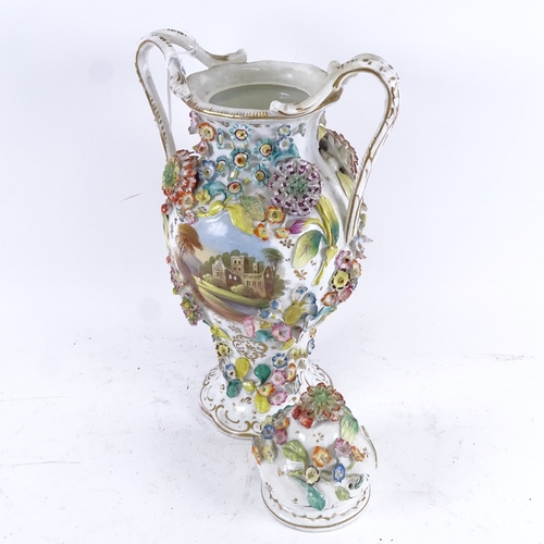 85 - A 19th century Coalbrookdale 2-handled vase and cover, with painted castle scene and encrusted with ... 