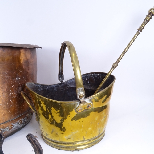 95 - Various fireside items, including copper copper, brass coal bucket etc