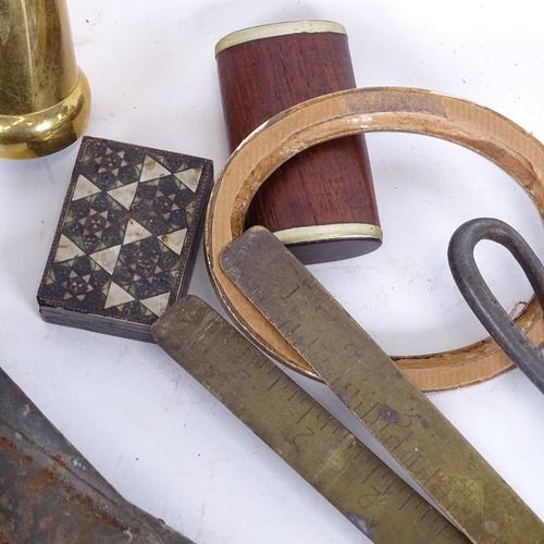 114 - Various collectables, including brass letter rack, torpedo case, bloodletting tool etc