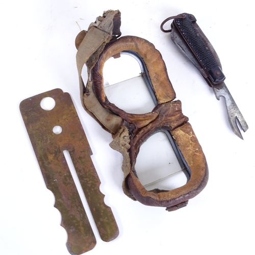 117 - Various military items, including Second War Period folding utility knife, pair of flying goggles, m... 