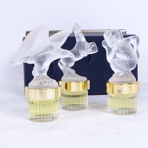 131 - A Lalique Flacons Collection Mascottes glass 3-bottle cologne set, Mascottes include Le Faune, Equus... 