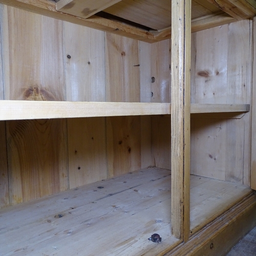 1315 - A polished pine 2-section kitchen dresser, fitted with glazed cupboards, W155cm, H189cm