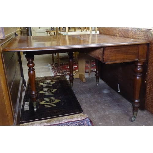 1328 - 19th century mahogany drop leaf dining table, raised on turned legs, L164cm, W98cm, H75cm