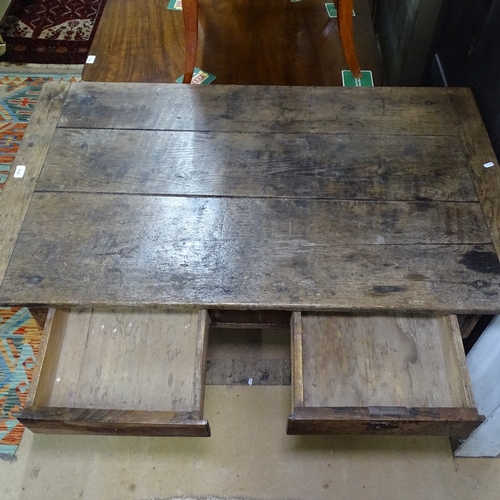 1341 - An Antique oak plank-top table with frieze drawer, raised on chamfered legs and H-shaped stretcher, ... 