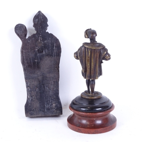 139 - A small bronze sculpture of a Tudor man, and another religious plaque, sculpture overall height 15cm... 