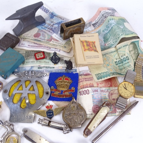 153 - Various collectables, including silk cigarette cards, car badges, military buttons, watch maker's an... 