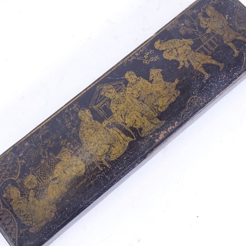 159 - An Oriental black lacquered papier mache pen box, lid gilded with court scene, length 20cm