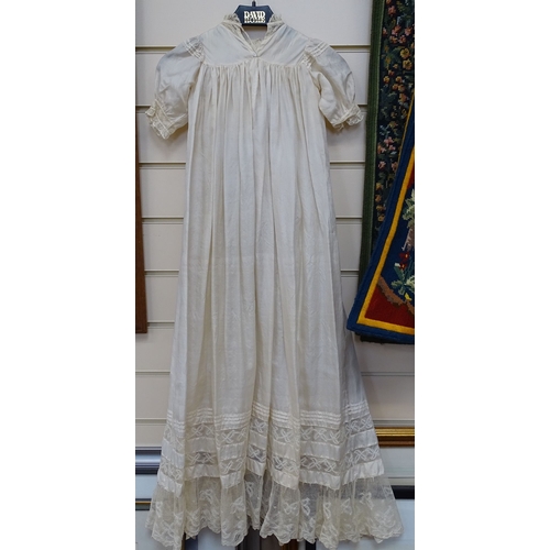 216 - A Victorian silk christening gown and bonnet, length 97cm