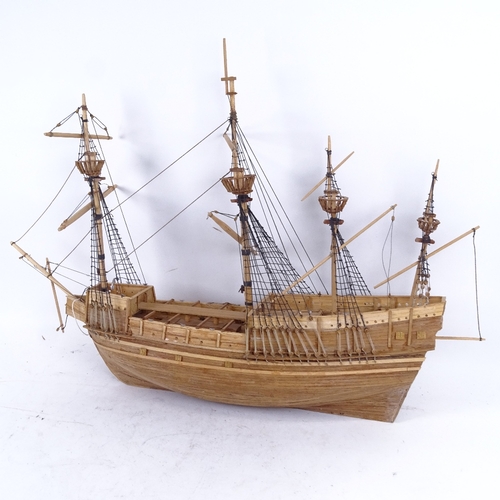 239 - A handmade model ship, 17th century 4-masted galleon, length 70cm, height 53cm