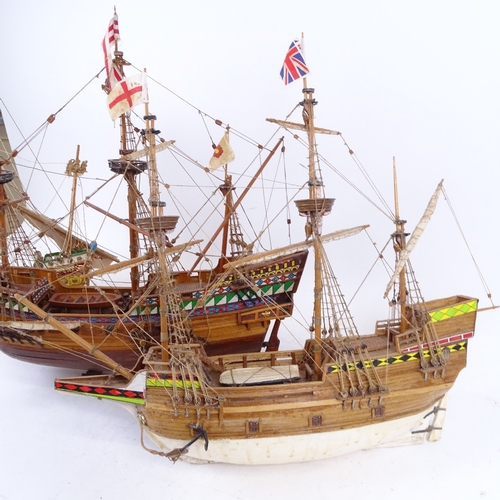 240 - A group of 3 handmade model 17th century ships, largest length 50cm, height 42cm