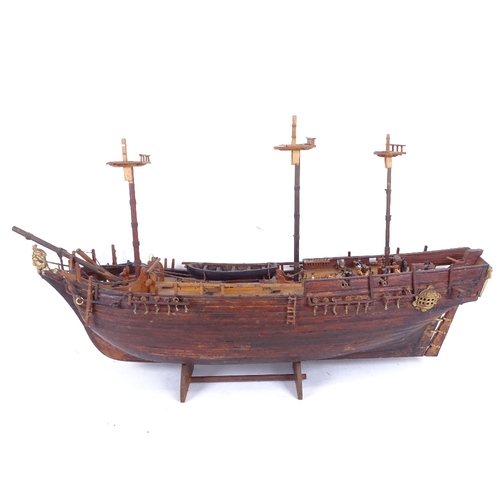 243 - A handmade model ship cutaway diorama, length 73cm, height 41cm