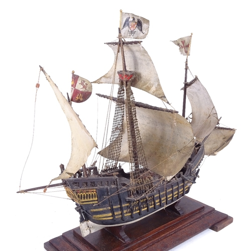 245 - Handmade model ship on stand of a 17th century Spanish galleon, length 46cm, height 39cm