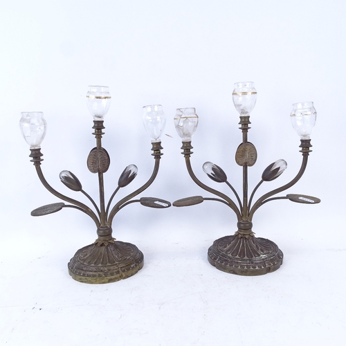 270 - A pair of Art Nouveau brass 3-light candelabra, naturalistic design with glass shades and buds, heig... 