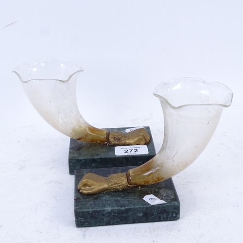 272 - A pair of gilt-metal hand terminal clear glass cornucopia, on green veined marble bases, height 12cm