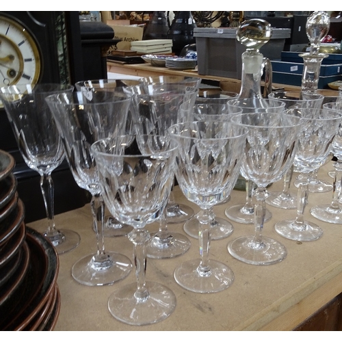 296 - Various near matching drinking glasses, including set of 5 by Rogaska, decanters etc