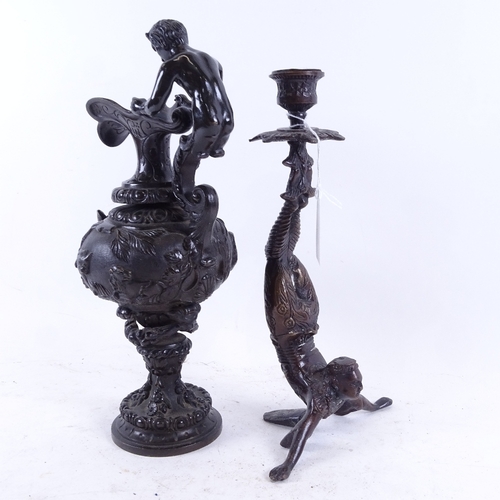 355 - A French Neoclassical Renaissance style patinated bronze ewer, and a reproduction bronze figural dan... 