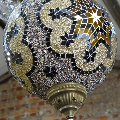 356 - A pair of Middle Eastern Islamic brass and mirror mosaic hanging lanterns, lantern height 40cm