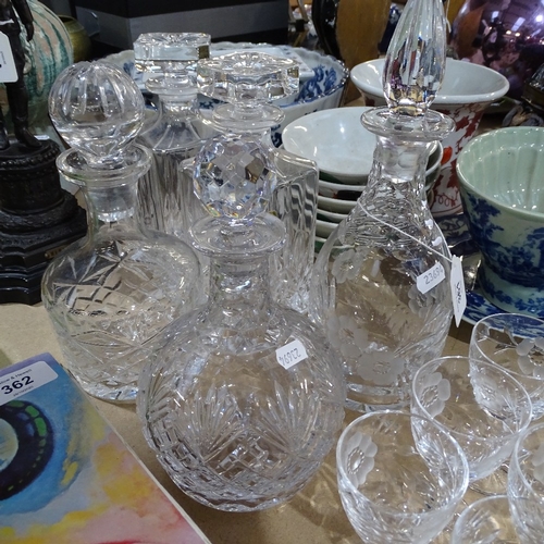 361 - Various crystal glass decanters, set of 6 Royal Albert Sherry glasses etc