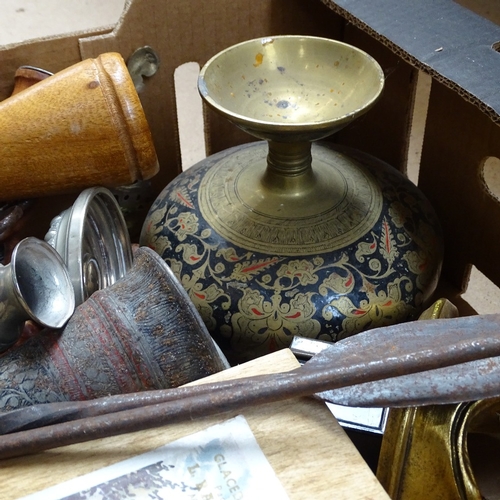 371 - Various collectables, including pair of silver plated candlesticks, Tribal spearheads, MacDonagh & S... 