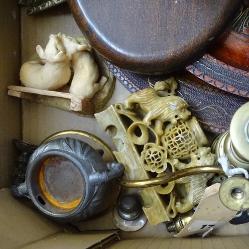 383 - Various collectables, including pair of Chinese pewter gu vases, brass inkwell, pair of carved wood ... 