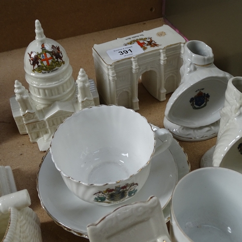 391 - A quantity of Crested Ware, including the Marble Arch and Guernsey Fish Basket