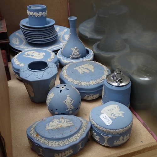 417 - Quantity of Wedgwood blue and white Jasperware ceramics, including plates, vase, lighter etc