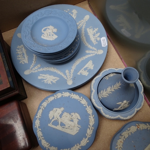 417 - Quantity of Wedgwood blue and white Jasperware ceramics, including plates, vase, lighter etc