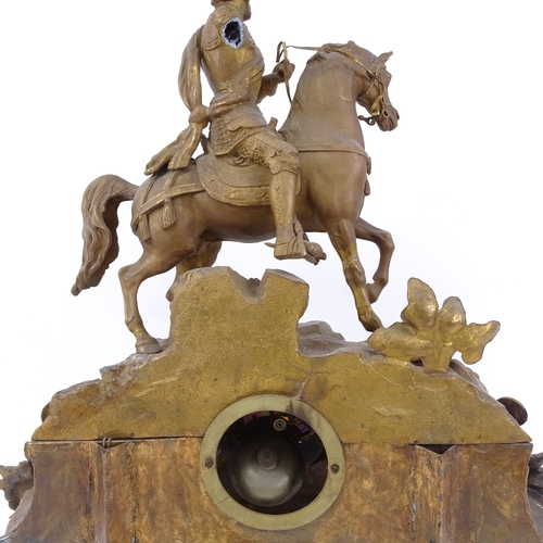 453 - A large 19th century brass figural 8-day mantel clock, surmounted by a knight on horseback, case hei... 