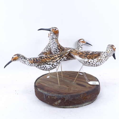 455 - Clive Fredriksson, hand carved and painted wood sculpture, wader birds on metal-bound barrel type st... 